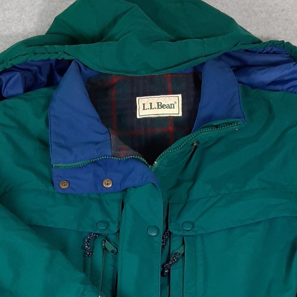 LL Bean Vintage Flannel Lined Parka Green Blue Hooded Jacket Mens M